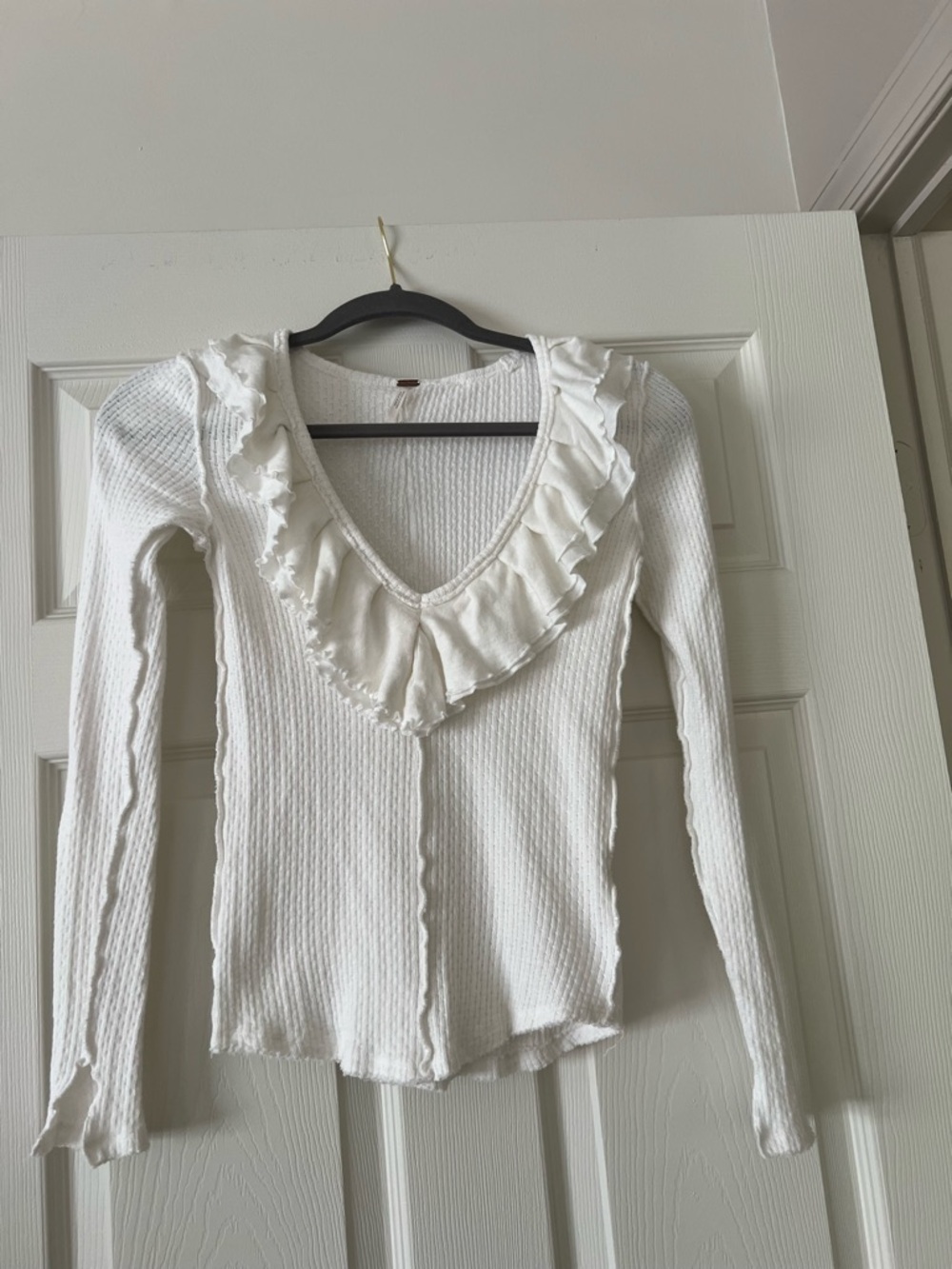Free People Cream Ruffle V-Neck Long Sleeve Top